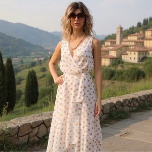 KATE & LILY White/brown polka dots V neck wrap around high/low back zipper lined